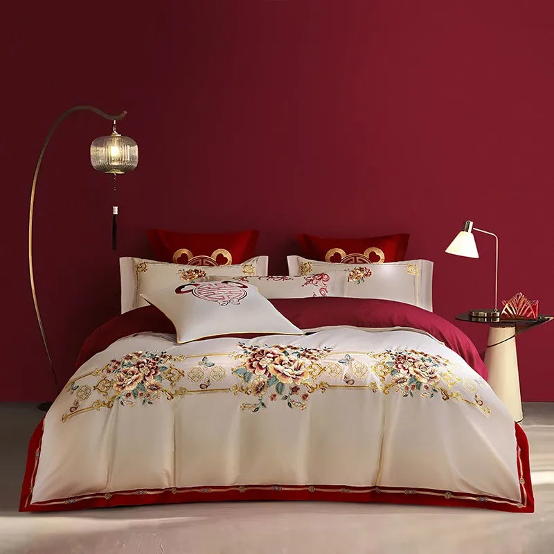 THL1109 Luxury Double Blossom Embroidery Wedding Red Bedding Set Egyptian Cotton