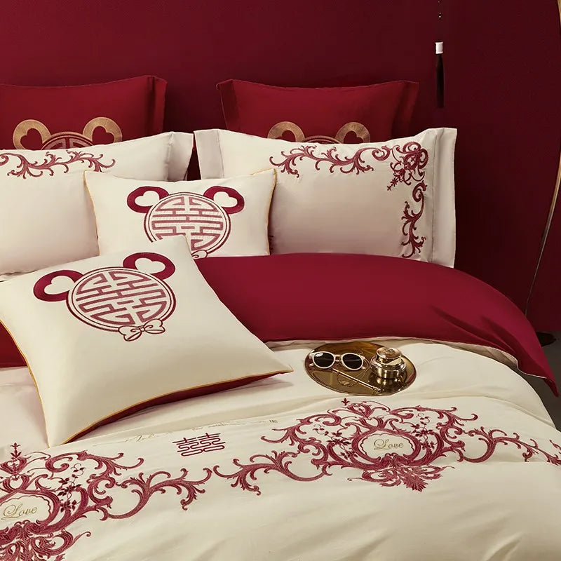 THL1109 Luxury Double Blossom Embroidery Wedding Red Bedding Set Egyptian Cotton