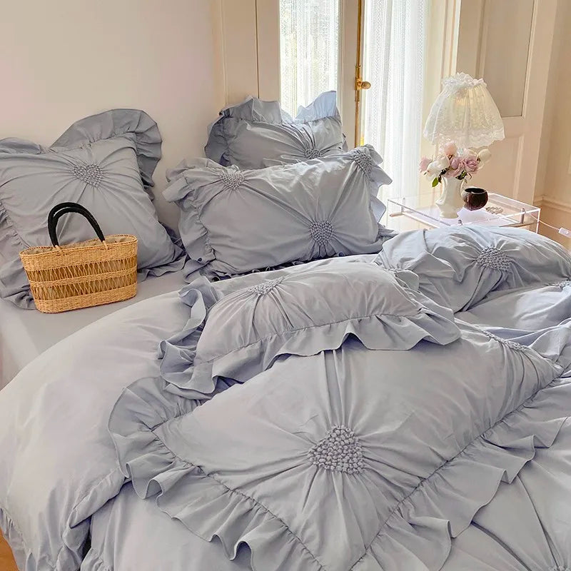 THL1112 Cotton Heart Pleated Pastel Color Luxury Bed Sheet