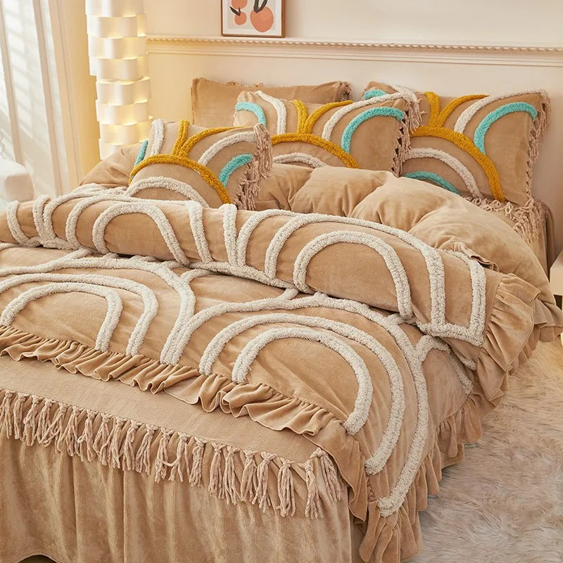 THL1034 Chic Tassels Bohemian Flannel Fleece Bedding Set