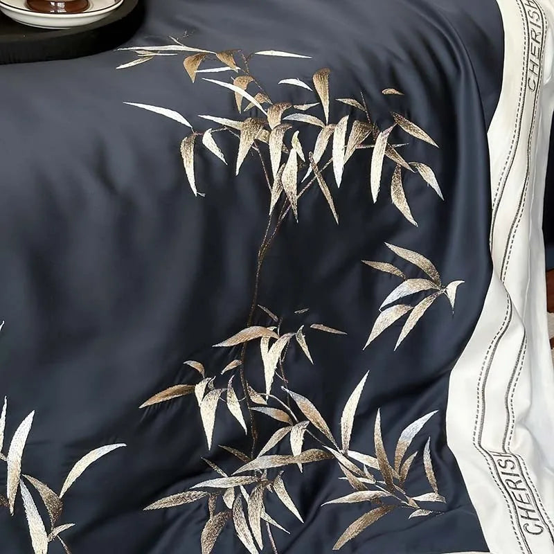 THL1161 Luxury 1000TC Egyptian Cotton Duvet Cover Set with Vintage Bamboo Leaves Embroidery Design