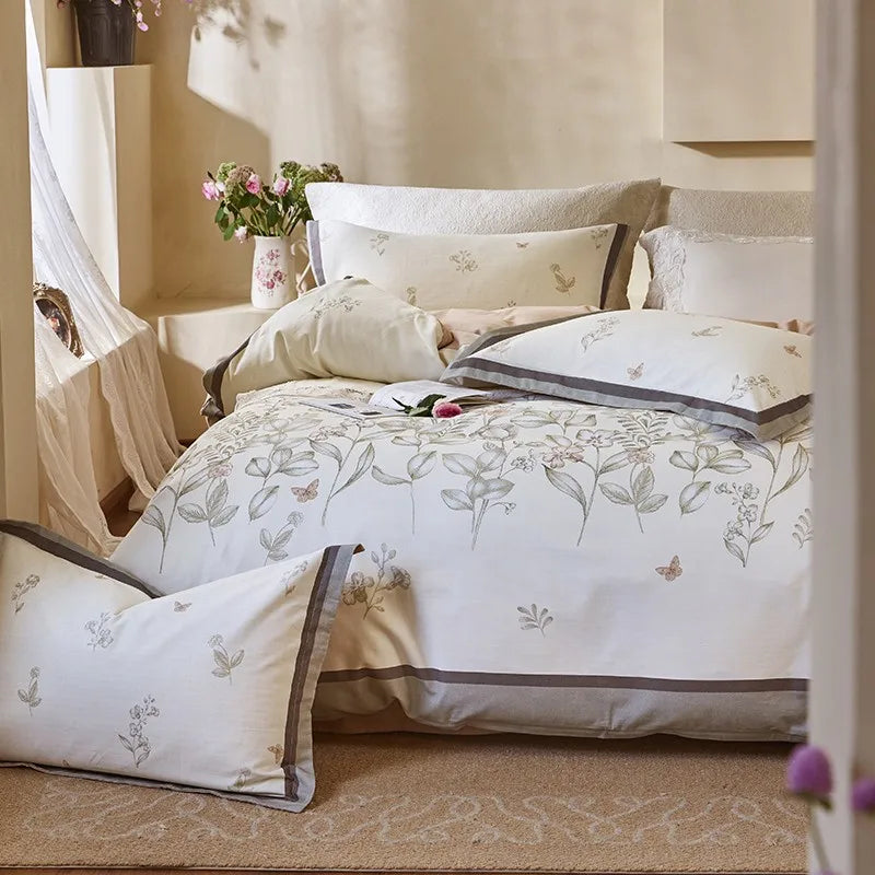 THL1172 100% soft cotton bedding set features a 600TC fabric construction with a chic and vibrant rose floral design.