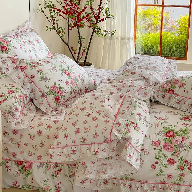 THL1074 Elegante juego de cama vintage con estampado floral de rosas, 100 % algodón y detalle de volantes