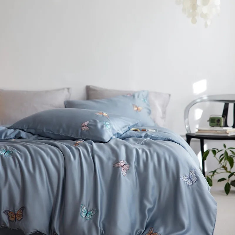 THL1149 Juego de cama suave y sedoso de lyocell con eucalipto y elegante funda nórdica con mariposas bordadas