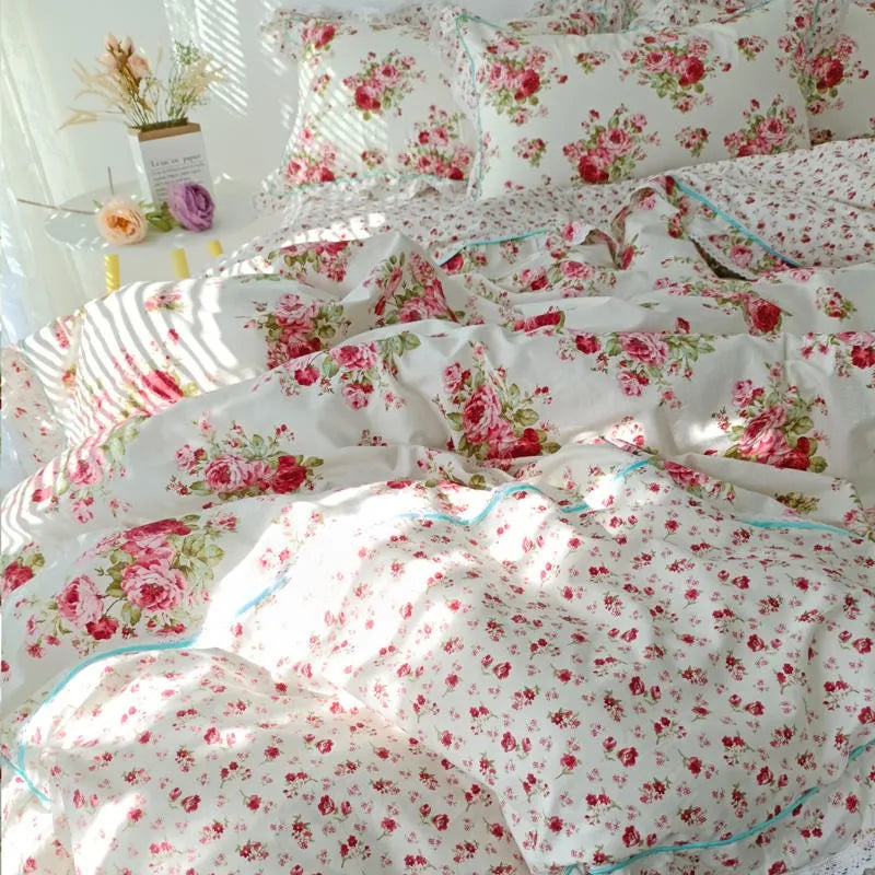 THL1116 Juego de cama de patchwork estilo campestre francés, elegante, suave y acogedor, 100 % algodón, con estampado floral primaveral