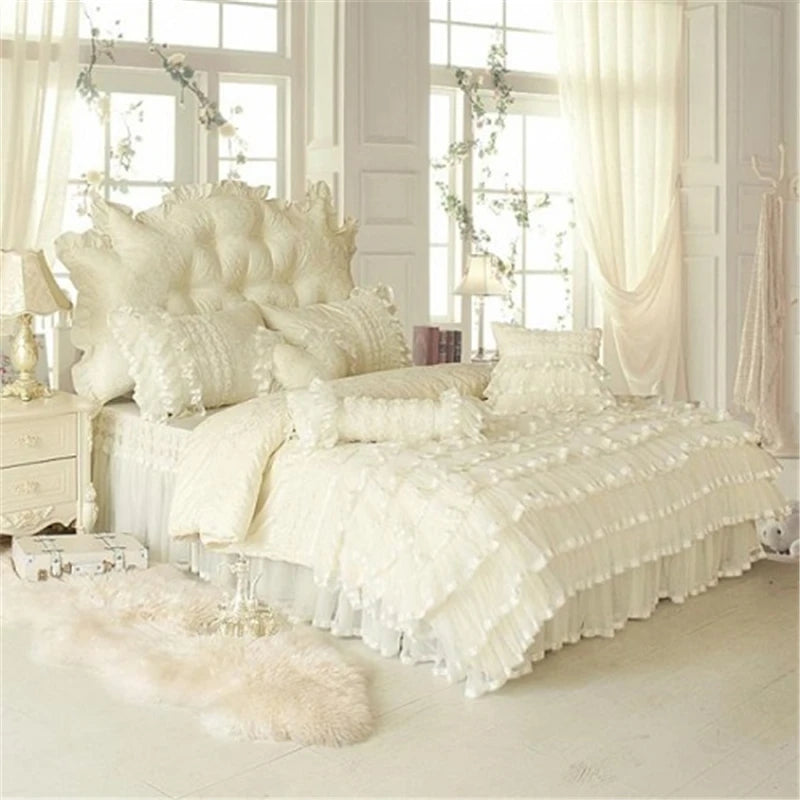 THL1099 Juego de cama elegante y acogedor de estilo princesa con encaje para bodas