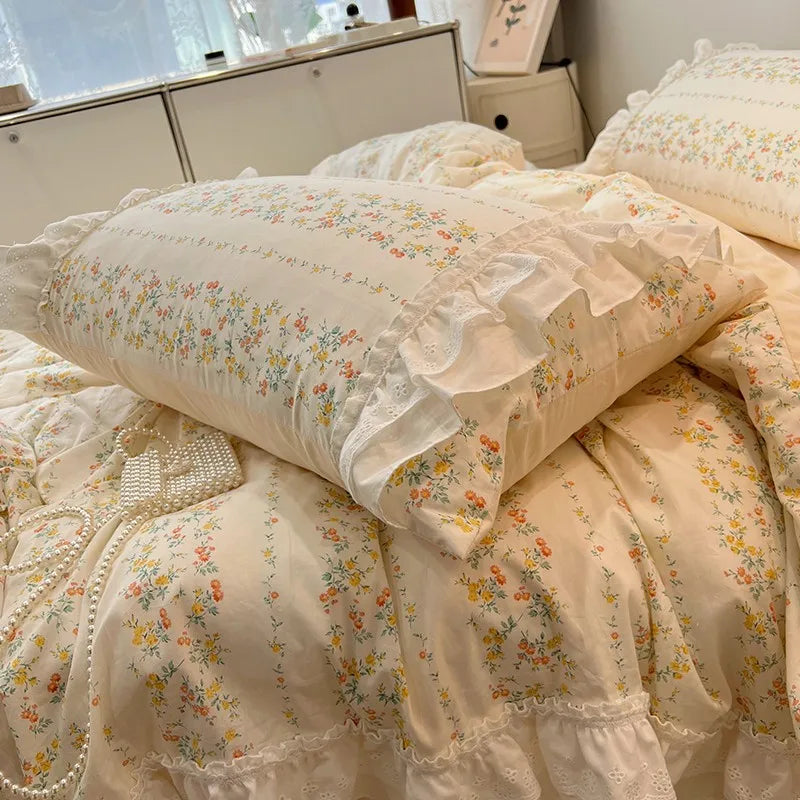 THL1086 100% Cotton Elegant Floral Duvet Cover Set White Lace Ruffle Bedding