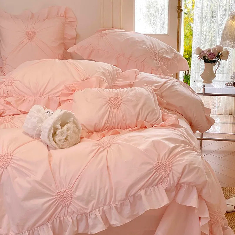 THL1112 Cotton Heart Pleated Pastel Color Luxury Bed Sheet