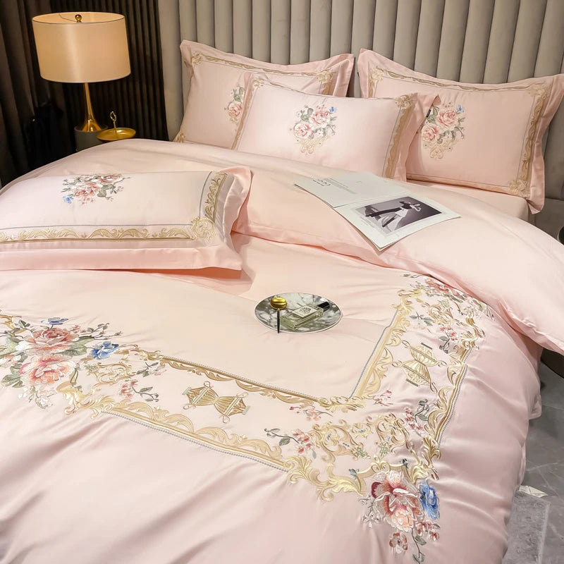 THL1169 Chic Embroidered Floral Frame Egyptian Cotton Luxury Bedding Duvet Cover Set