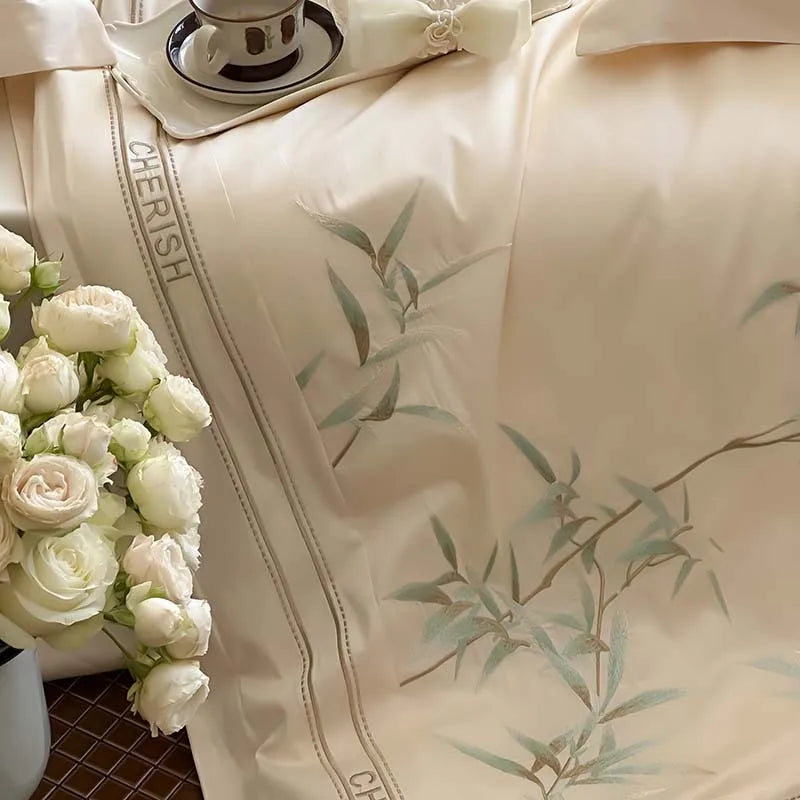 THL1161 Luxury 1000TC Egyptian Cotton Duvet Cover Set with Vintage Bamboo Leaves Embroidery Design