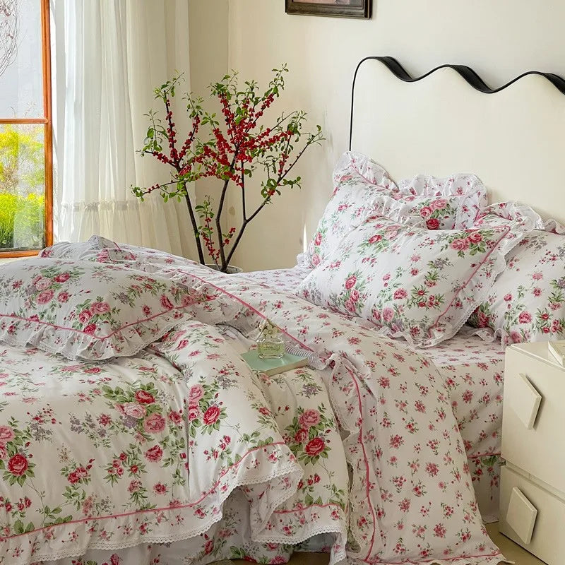 THL1074 Elegante juego de cama vintage con estampado floral de rosas, 100 % algodón y detalle de volantes