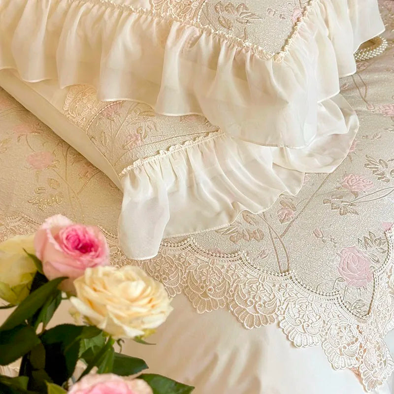 THL1064 Chic Stereoscopic Relief Rose Flowers Patchwork Bedding Set Egyptian Cotton with Chiffon Ruffles and Lace