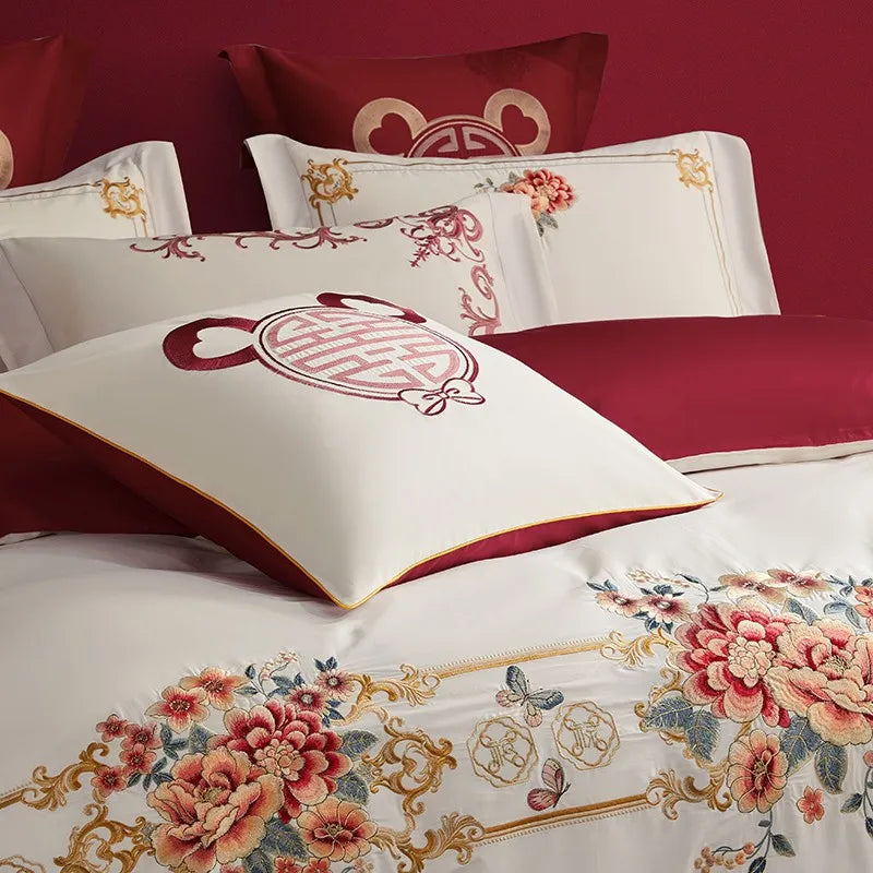 THL1109 Luxury Double Blossom Embroidery Wedding Red Bedding Set Egyptian Cotton