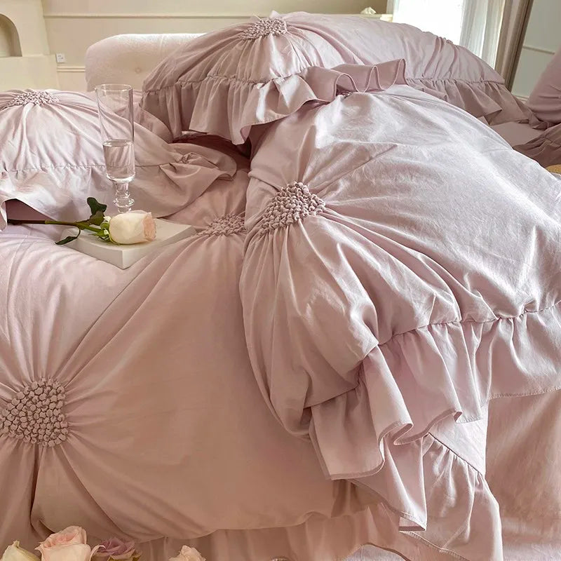 THL1112 Cotton Heart Pleated Pastel Color Luxury Bed Sheet