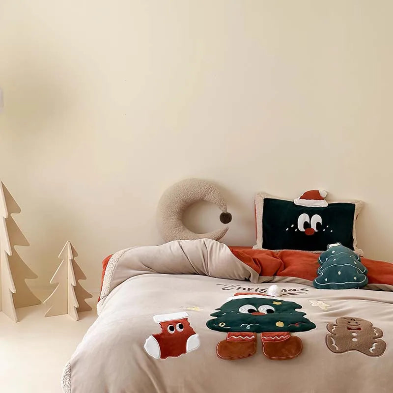 THL1158 3D Cartoon Christmas Tree & Cookie Appliques Velvet Bedding Set - Fluffy and Festive Comforter Cover Set