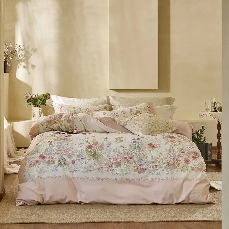 THL1172 100% soft cotton bedding set features a 600TC fabric construction with a chic and vibrant rose floral design.