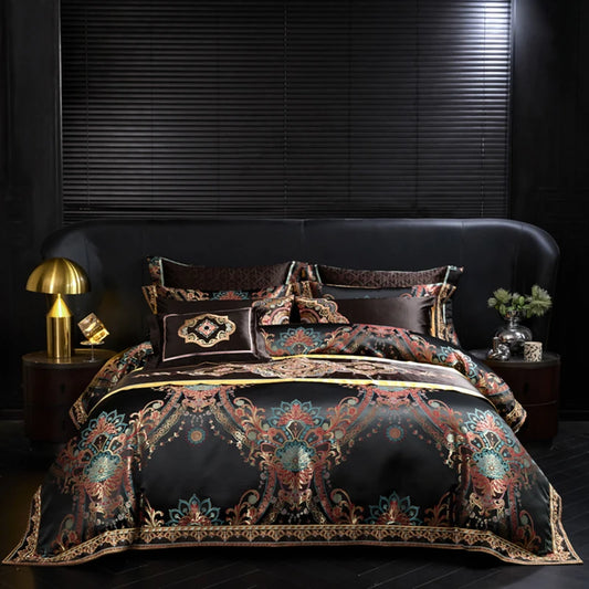 THL1178 Chic Black Gold Jacquard Bedding – Royal Embroidery Set