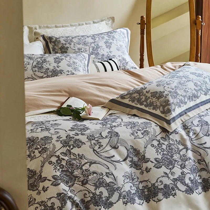 THL1172 100% soft cotton bedding set features a 600TC fabric construction with a chic and vibrant rose floral design.