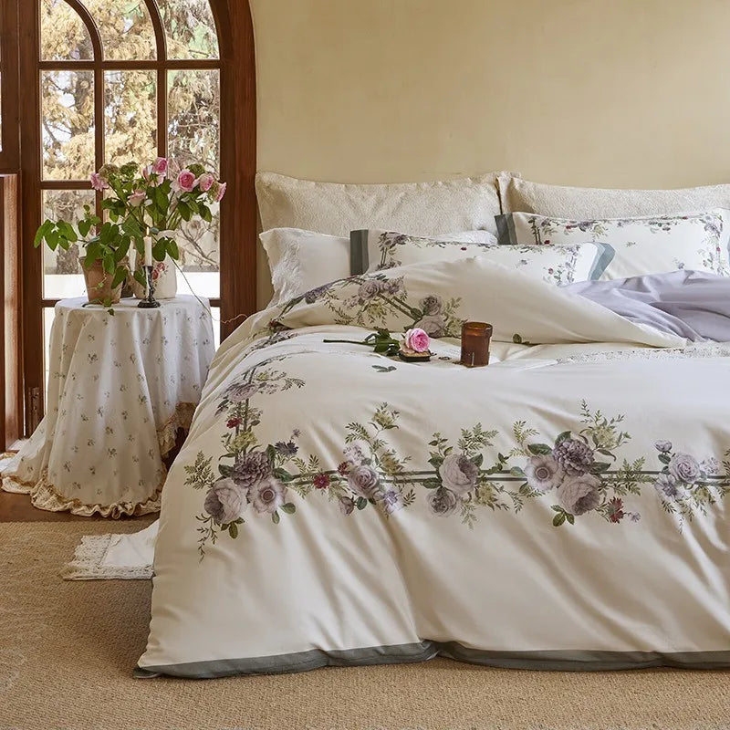 THL1172 100% soft cotton bedding set features a 600TC fabric construction with a chic and vibrant rose floral design.