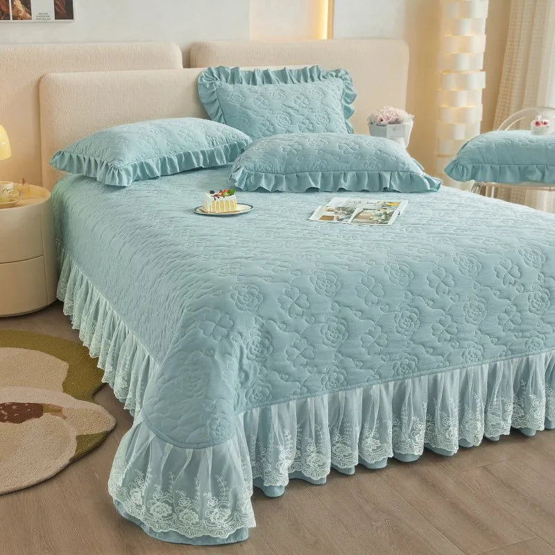 THL1078 Floral Embossed Lace Coverlet Bedspread Solid Bedding Set