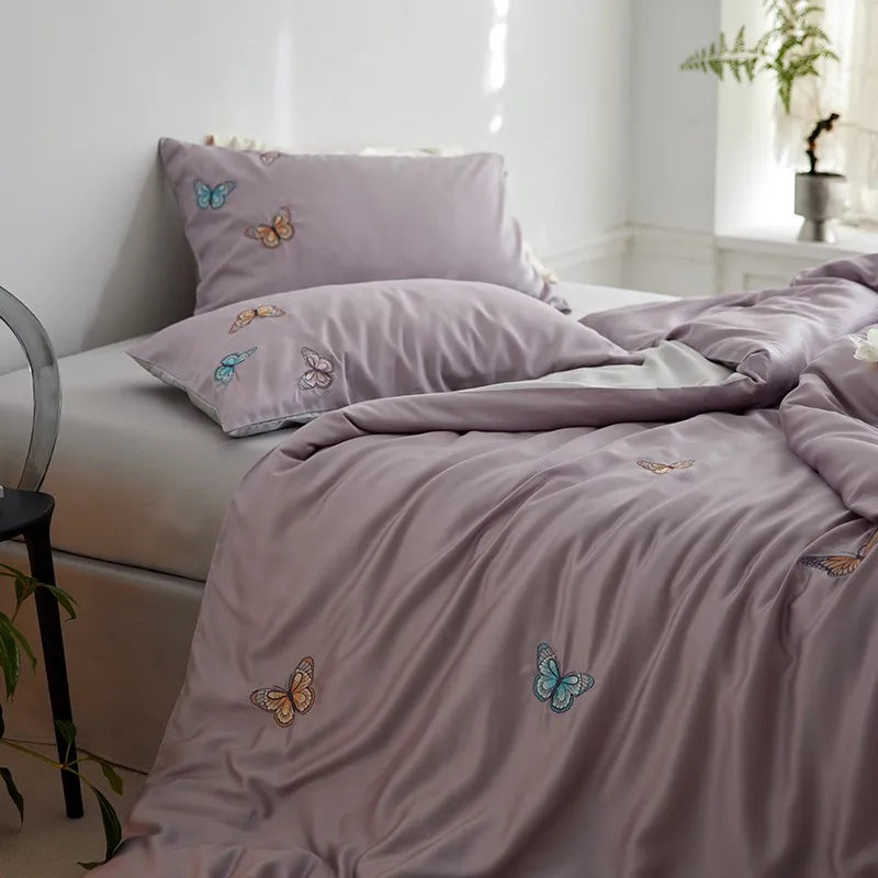 THL1149 Juego de cama suave y sedoso de lyocell con eucalipto y elegante funda nórdica con mariposas bordadas