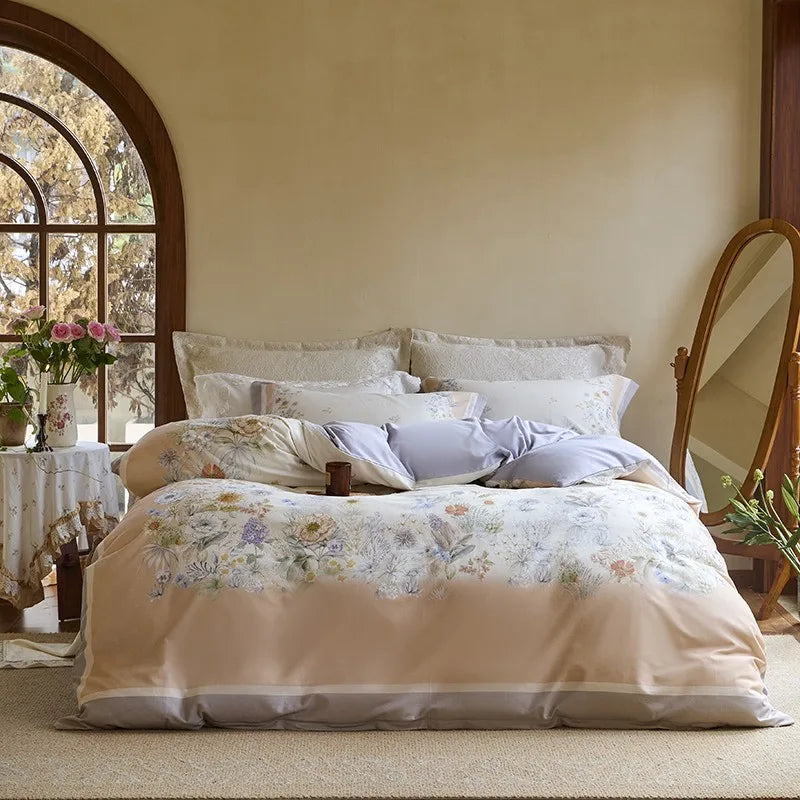 THL1172 100% soft cotton bedding set features a 600TC fabric construction with a chic and vibrant rose floral design.