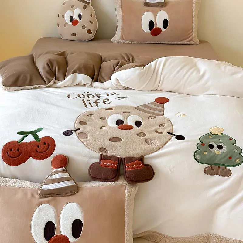 THL1158 3D Cartoon Christmas Tree & Cookie Appliques Velvet Bedding Set - Fluffy and Festive Comforter Cover Set