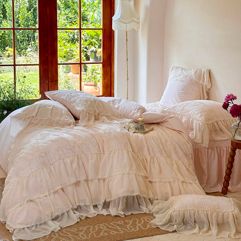 THL1148 Juego de cama elegante con volantes, 100 % algodón lavado, estilo francés, romántico, natural y suave