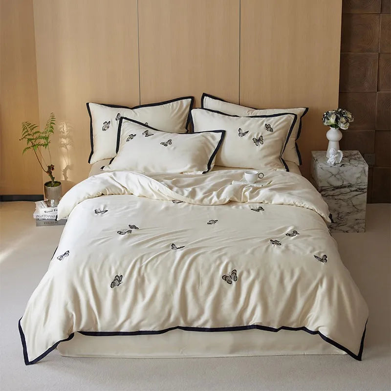 THL1111 Elegant Butterfly Embroidery Romantic Soft Silky Lyocell Bedding Set