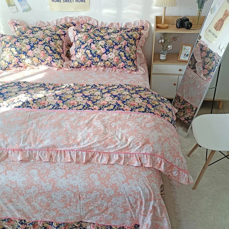 THL1116 Juego de cama de patchwork estilo campestre francés, elegante, suave y acogedor, 100 % algodón, con estampado floral primaveral