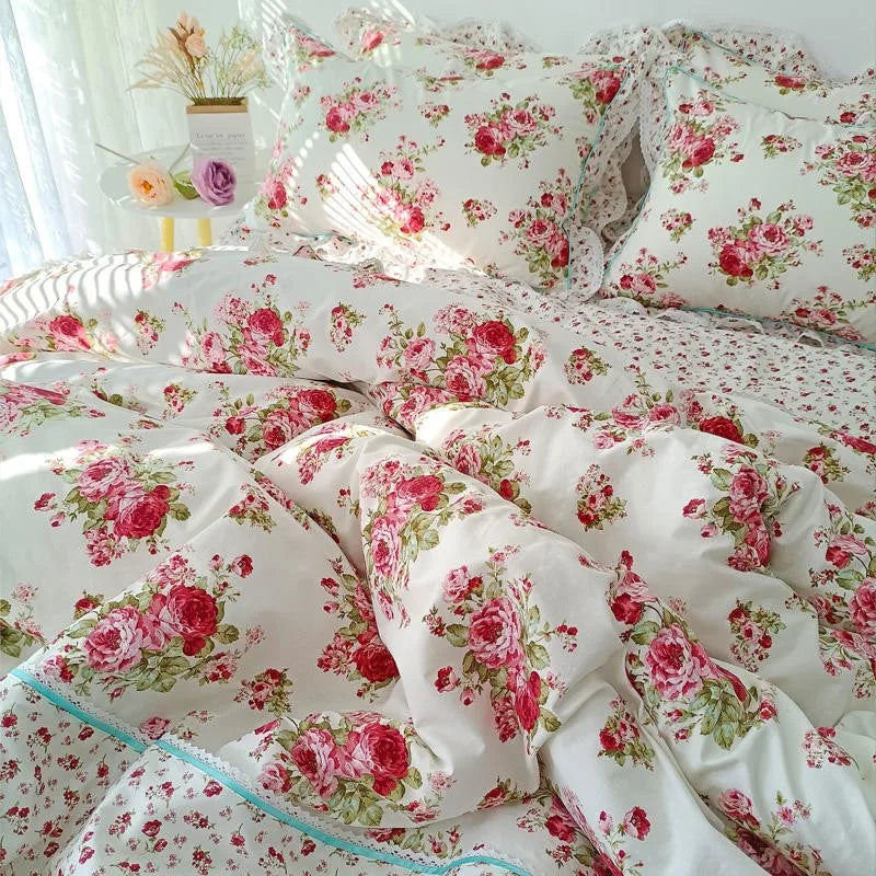 THL1116 Juego de cama de patchwork estilo campestre francés, elegante, suave y acogedor, 100 % algodón, con estampado floral primaveral