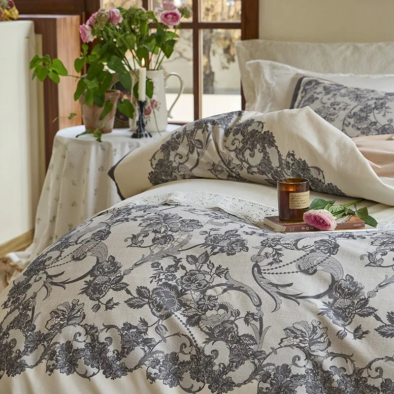 THL1172 100% soft cotton bedding set features a 600TC fabric construction with a chic and vibrant rose floral design.