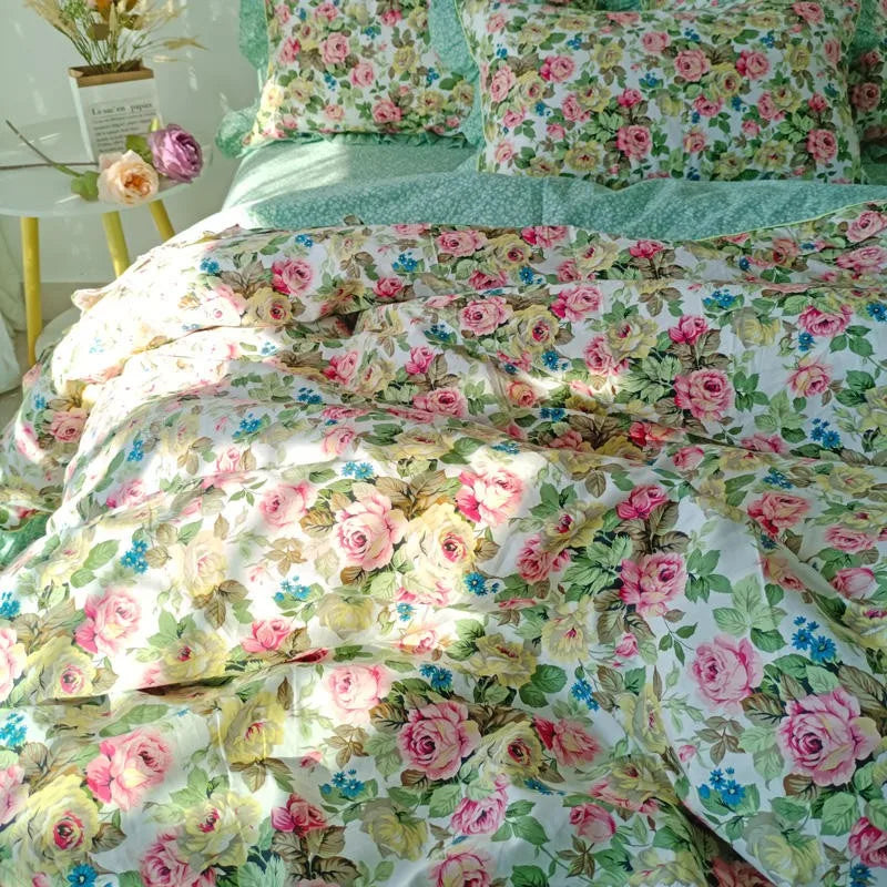 THL1116 Juego de cama de patchwork estilo campestre francés, elegante, suave y acogedor, 100 % algodón, con estampado floral primaveral