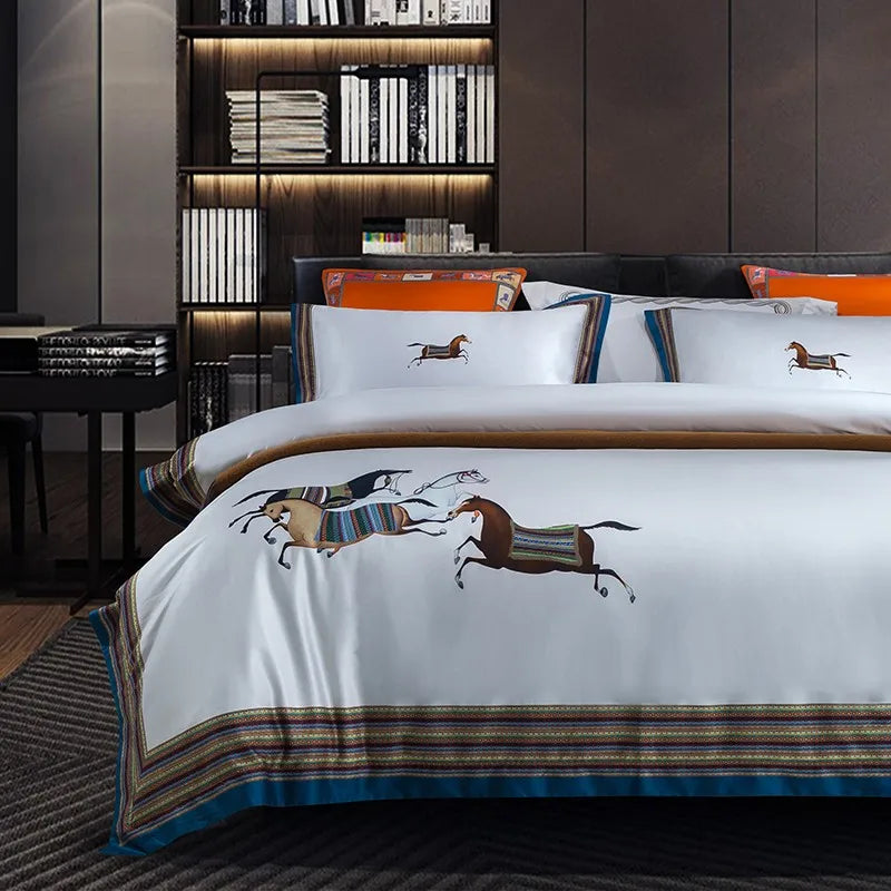 THL1162 Premium 1500TC Egyptian Cotton Bedding Set with Horse Print and Frame Patchwork Design