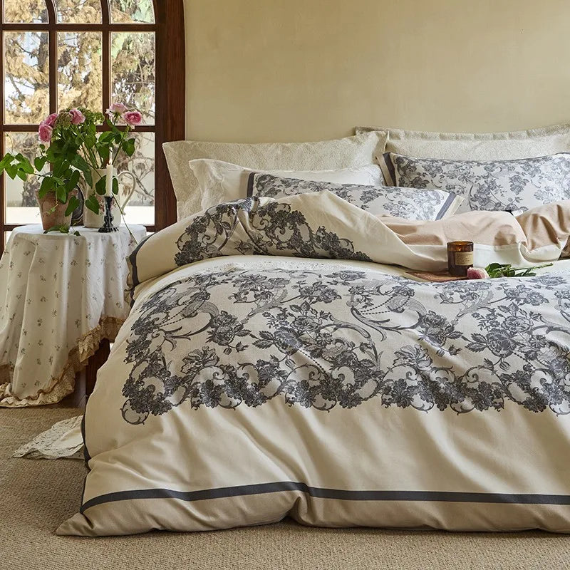 THL1172 100% soft cotton bedding set features a 600TC fabric construction with a chic and vibrant rose floral design.