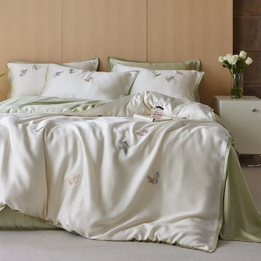 THL1111 Elegant Butterfly Embroidery Romantic Soft Silky Lyocell Bedding Set