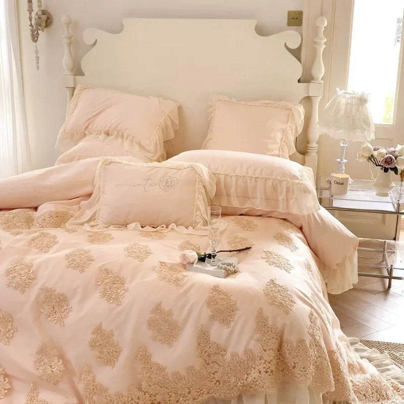 THL1066 Pink Egyptian Cotton Bedding Set with French Romantic Lace