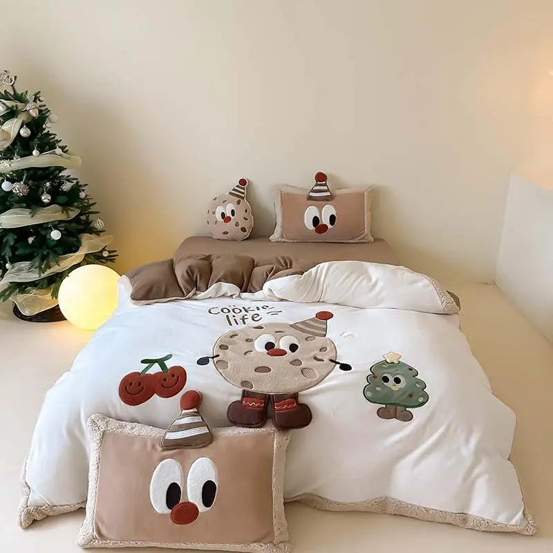 THL1158 3D Cartoon Christmas Tree & Cookie Appliques Velvet Bedding Set - Fluffy and Festive Comforter Cover Set