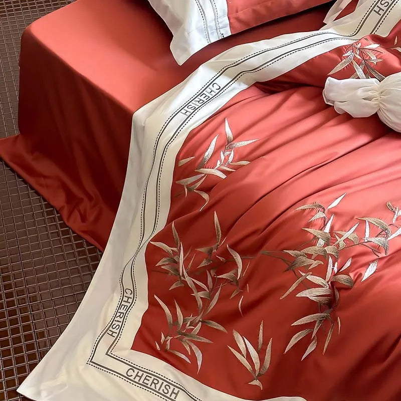 THL1161 Luxury 1000TC Egyptian Cotton Duvet Cover Set with Vintage Bamboo Leaves Embroidery Design