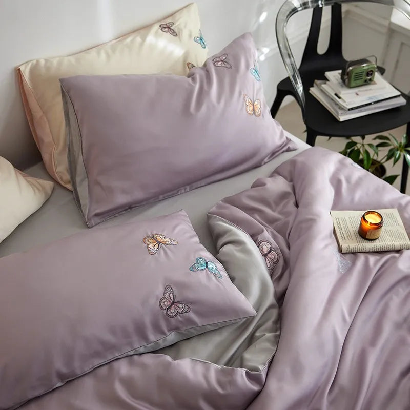 THL1149 Juego de cama suave y sedoso de lyocell con eucalipto y elegante funda nórdica con mariposas bordadas