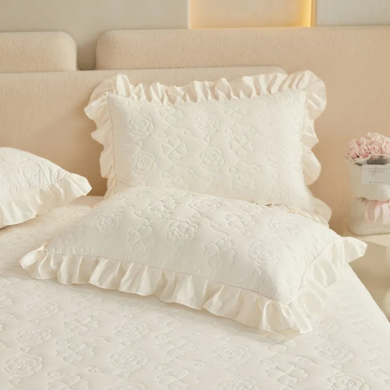 THL1078 Floral Embossed Lace Coverlet Bedspread Solid Bedding Set