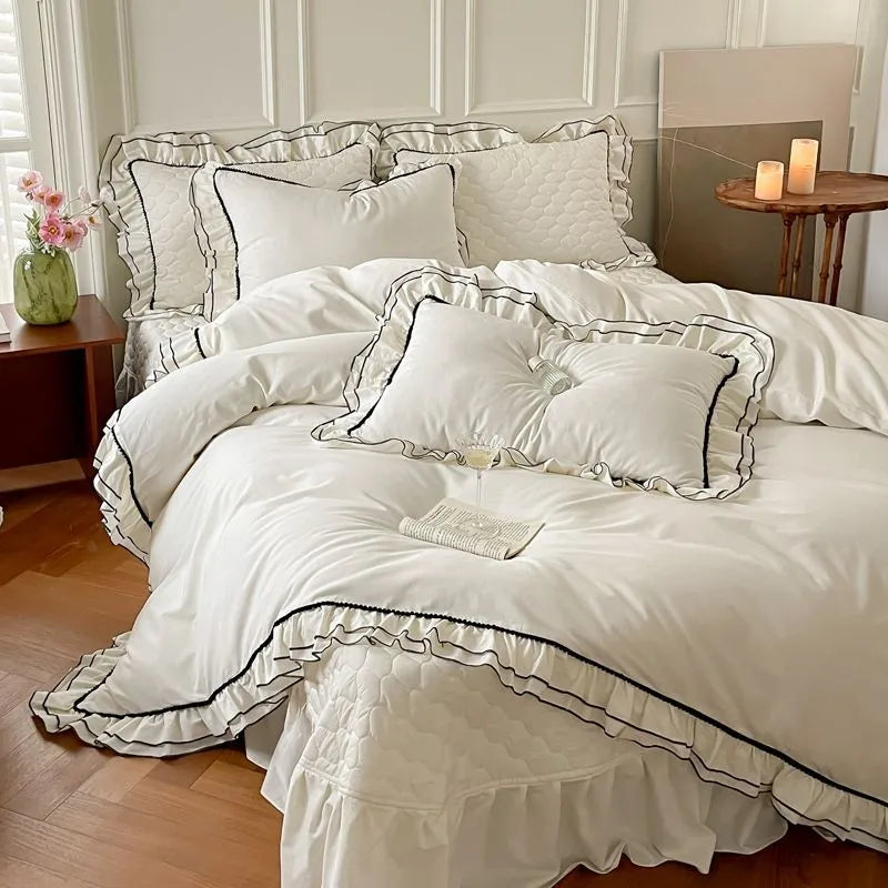 THL1123 Premium 100% Cotton Elegant Ruffled French Romantic Nature-Inspired Soft Bedding Set