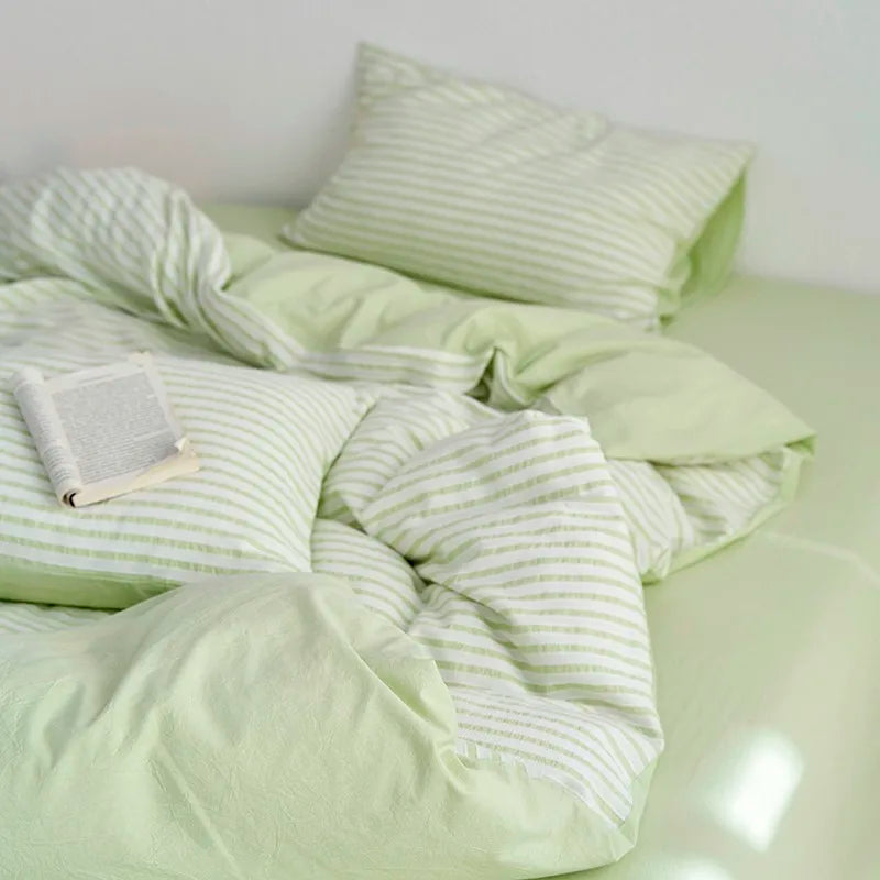 THL1126 Striped Bedding Set 100% Washed Cotton Soft and Breathable with Linen like Texture