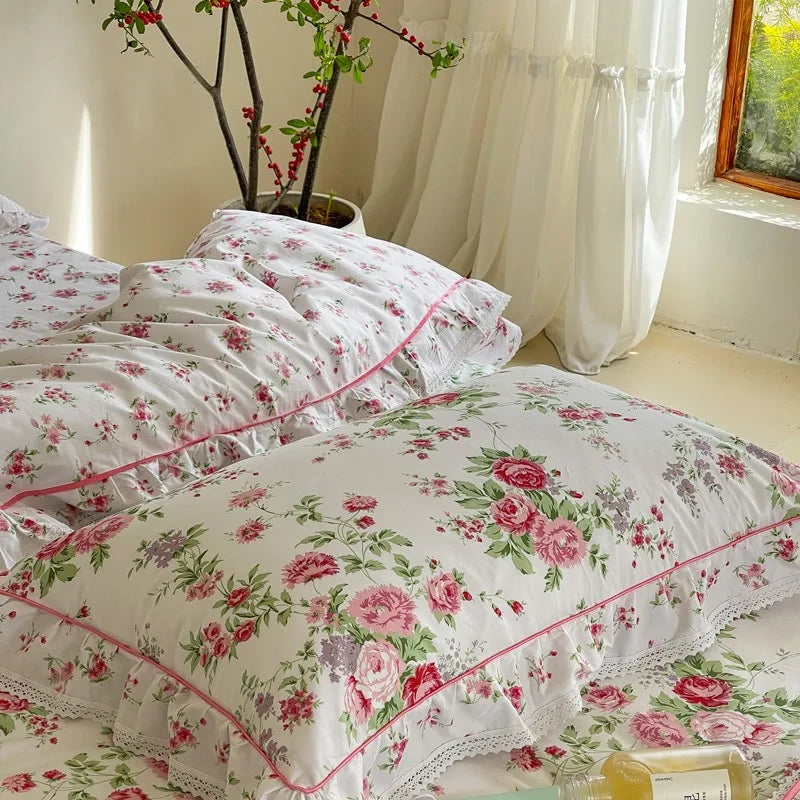 THL1074 Elegante juego de cama vintage con estampado floral de rosas, 100 % algodón y detalle de volantes