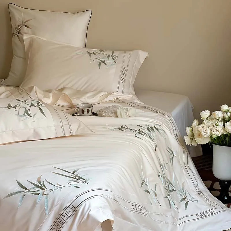 THL1161 Luxury 1000TC Egyptian Cotton Duvet Cover Set with Vintage Bamboo Leaves Embroidery Design