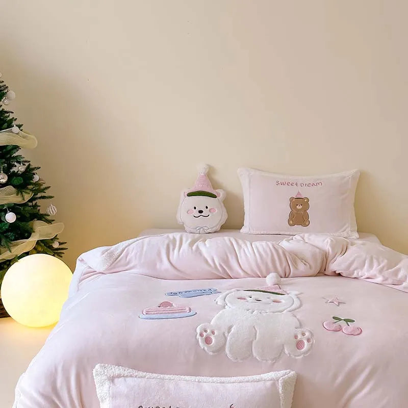 THL1158 3D Cartoon Christmas Tree & Cookie Appliques Velvet Bedding Set - Fluffy and Festive Comforter Cover Set