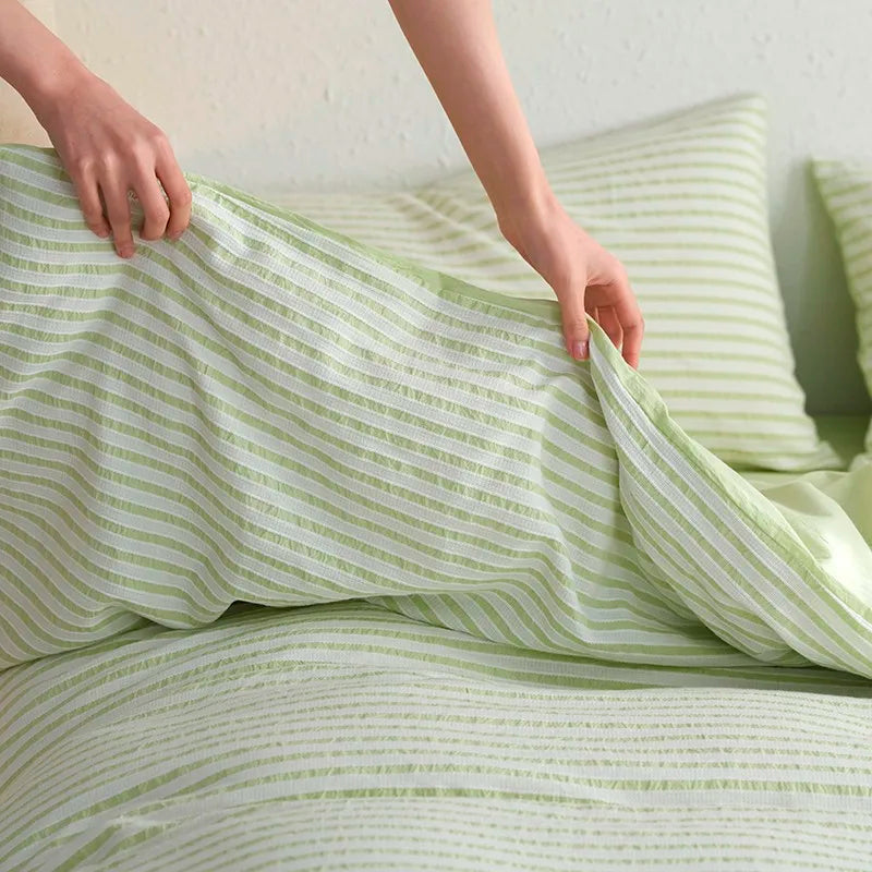 THL1126 Striped Bedding Set 100% Washed Cotton Soft and Breathable with Linen like Texture