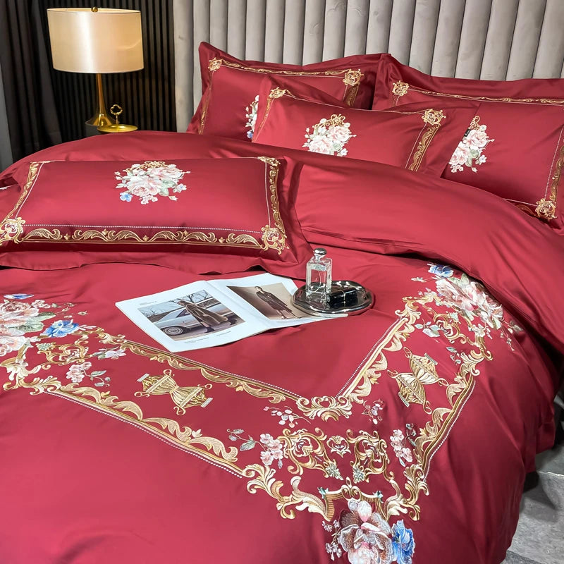 THL1169 Chic Embroidered Floral Frame Egyptian Cotton Luxury Bedding Duvet Cover Set