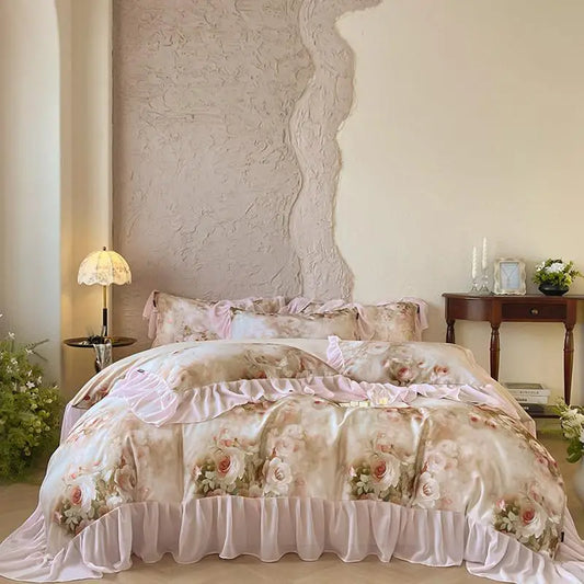 THL1173 French Romantic 100% Cotton Bedding Set with Vibrant Chic Flowers and Wide Chiffon Ruffle Edge