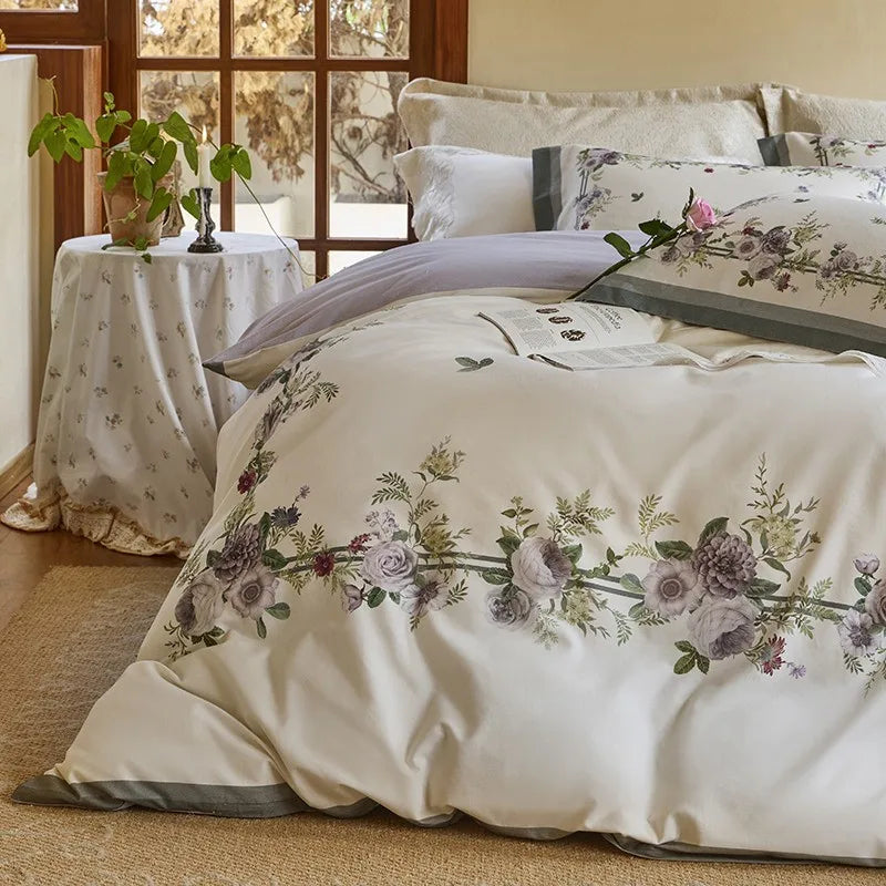 THL1172 100% soft cotton bedding set features a 600TC fabric construction with a chic and vibrant rose floral design.